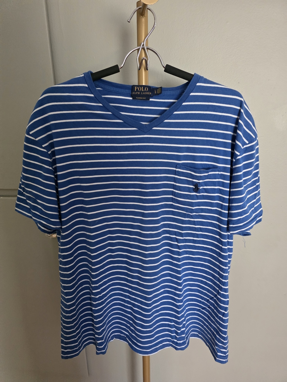 Polo by Ralph Lauren Blue & White Striped V-Neck Pocket Tee
